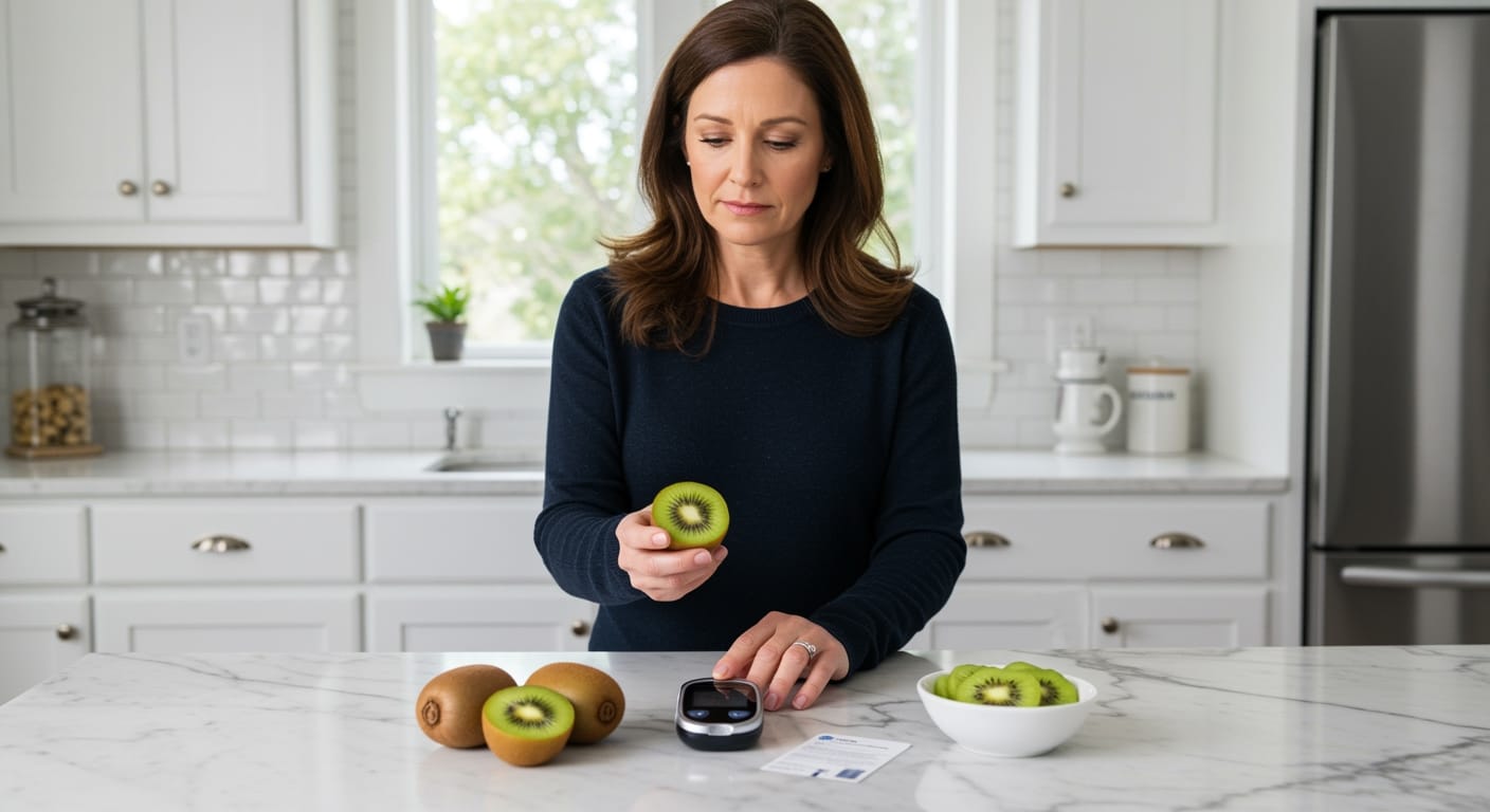 Middle-aged woman holding sliced kiwi fruit while looking at blood glucose meter on white marble countertop with whole kiwis