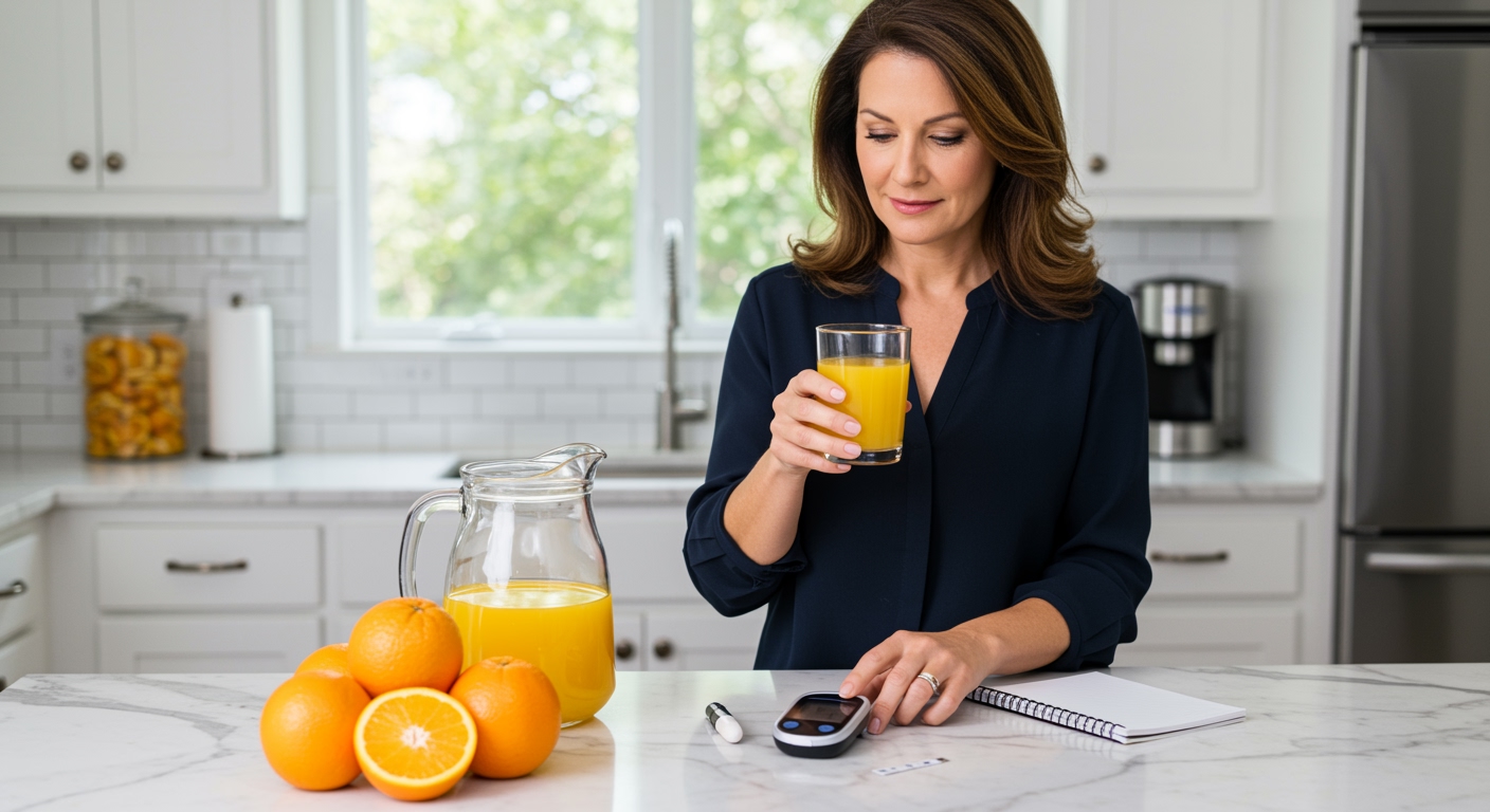 Woman holding orange juice glass while checking blood glucose meter on marble counter with oranges and testing supplies