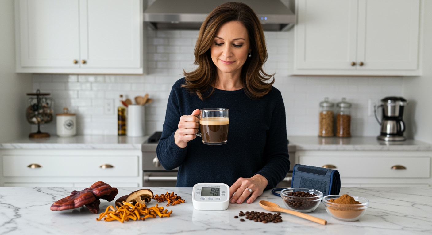 Woman holding mushroom coffee mug standing behind marble counter with blood pressure monitor and various mushrooms displayed
