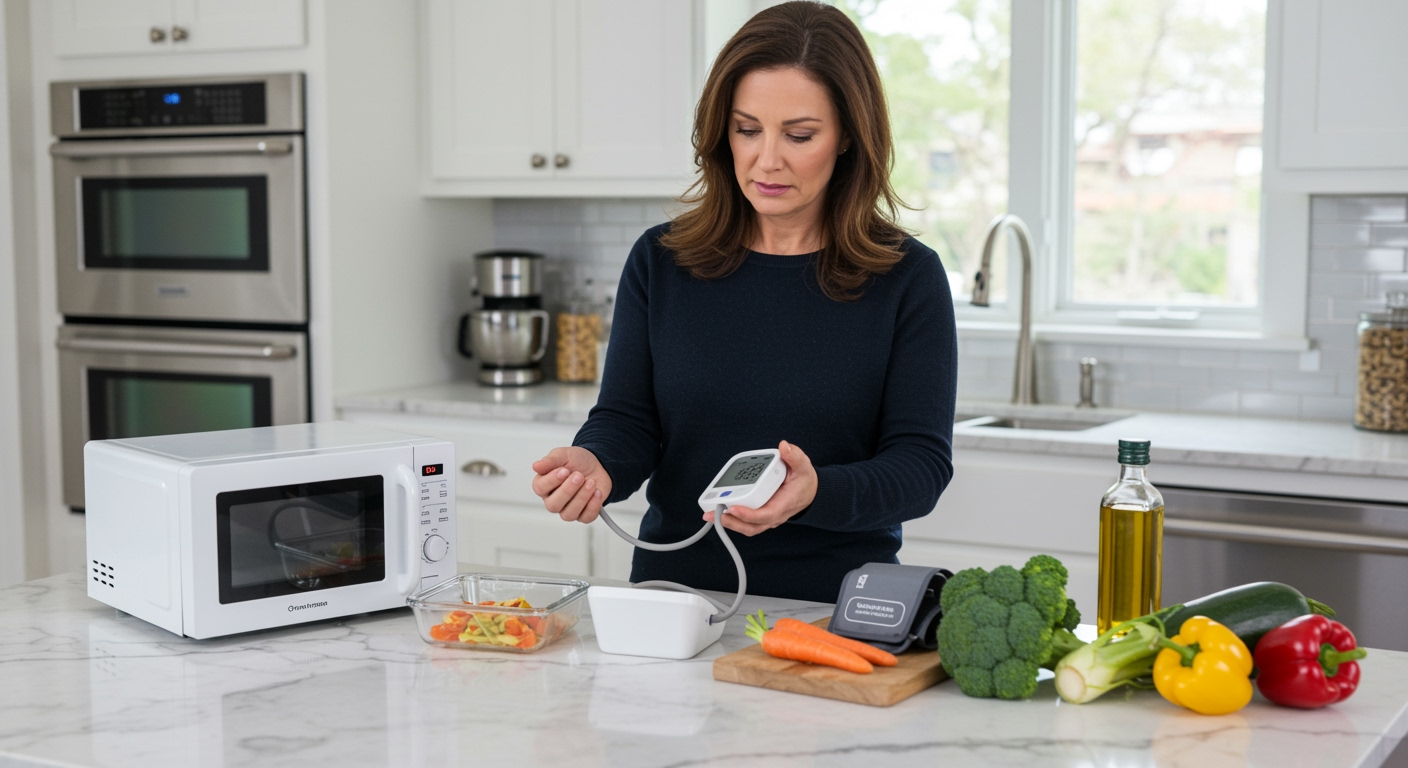 Middle-aged woman in navy sweater examining blood pressure monitor on white marble countertop with microwave and healthy foods