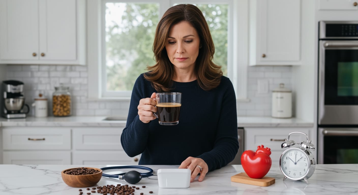 Woman holding coffee mug standing behind marble counter with blood pressure monitor, stethoscope, and coffee beans in bright kitchen