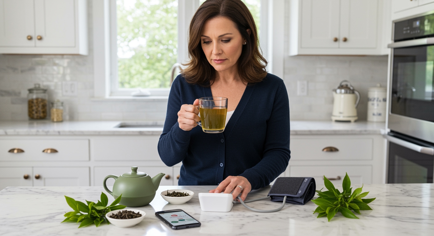 Woman holding green tea mug standing behind marble counter with blood pressure monitor and tea accessories in bright kitchen