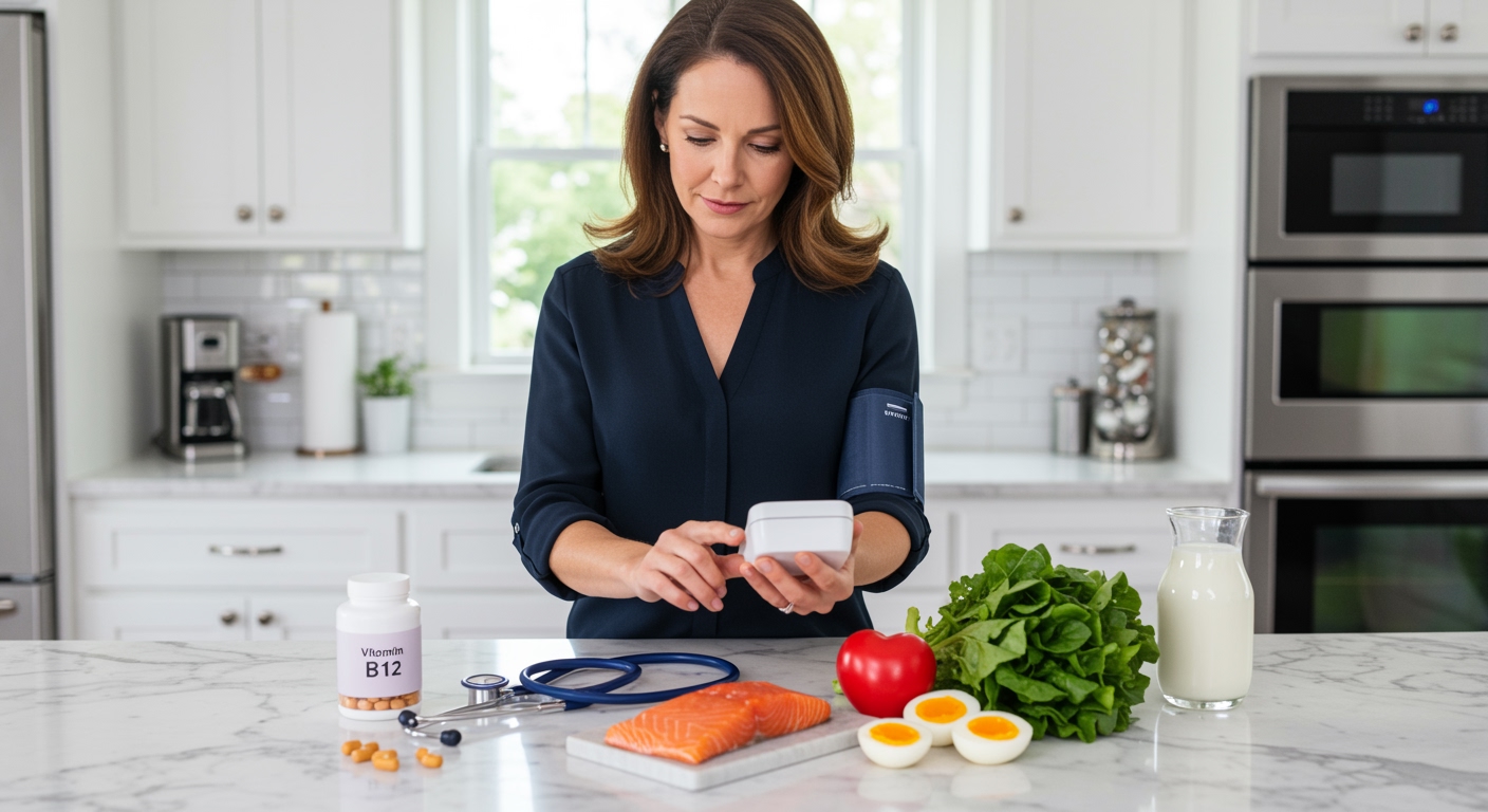Woman examining blood pressure monitor on marble counter with vitamin B12 supplements and heart-healthy foods in modern kitchen