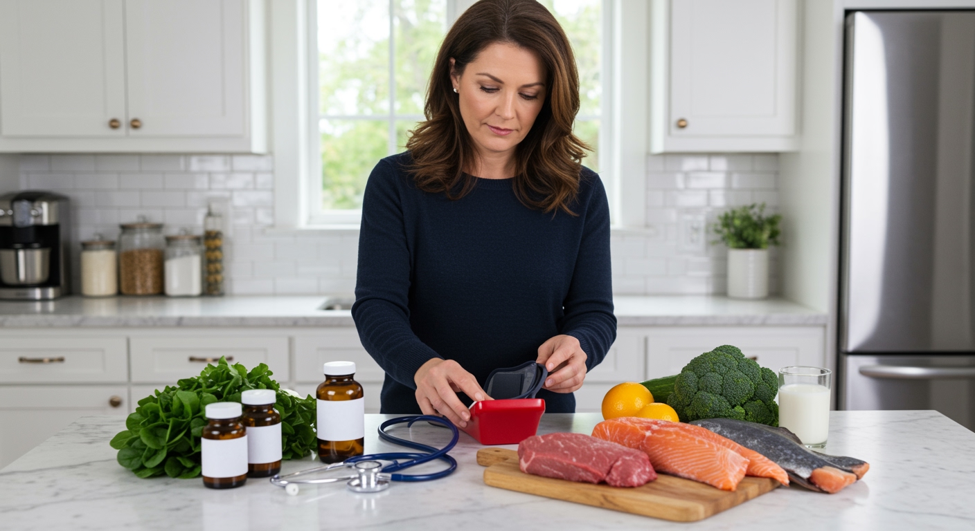 Woman examining blood pressure monitor on marble counter with vitamin B12 supplements and nutrient-rich foods in bright kitchen