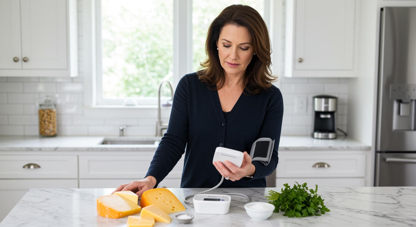 Middle-aged woman examining blood pressure monitor while standing behind marble counter with various cheese blocks and salt bowl