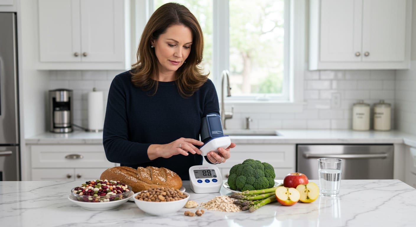 Middle-aged woman examining blood pressure monitor on marble countertop with fiber-rich foods including beans and vegetables