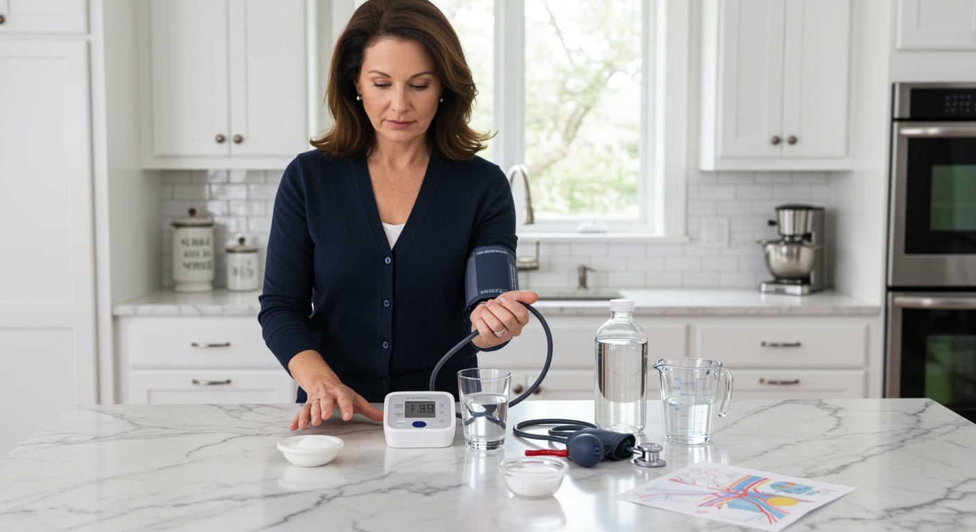 Woman holding blood pressure monitor with water glass and medical equipment on white marble kitchen counter