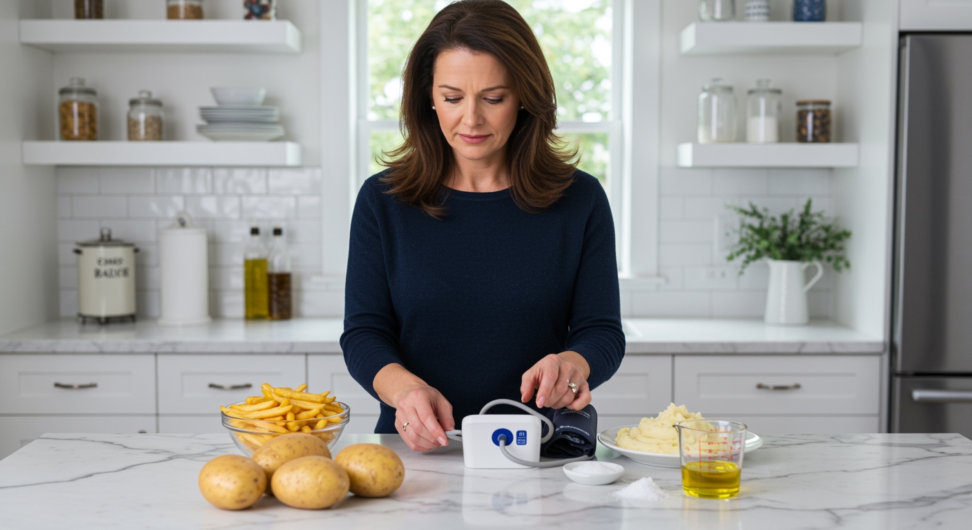 Middle-aged woman examining blood pressure monitor behind marble counter with potatoes, fries, and cooking items in modern kitchen