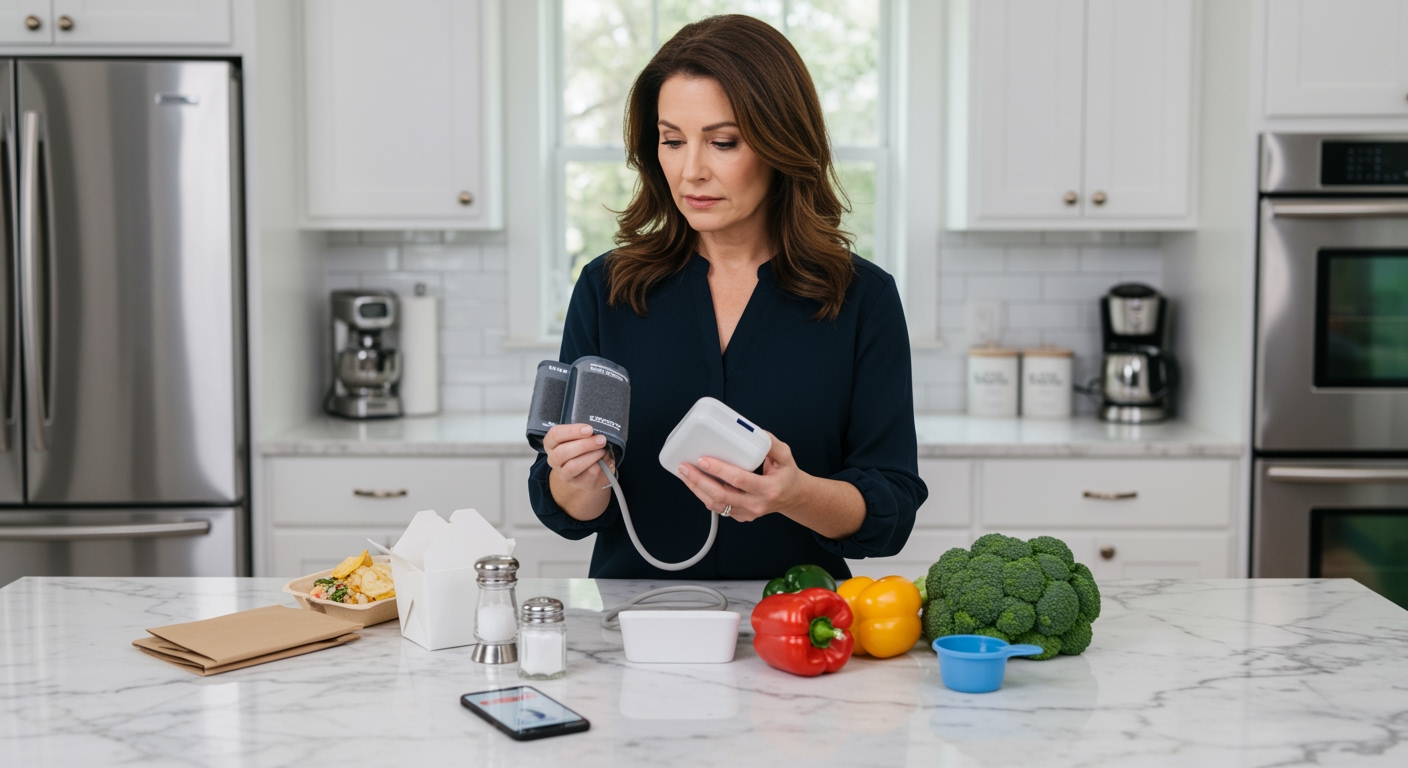 Middle-aged woman examining blood pressure monitor on marble counter with takeout food, vegetables, and health items in modern kitchen
