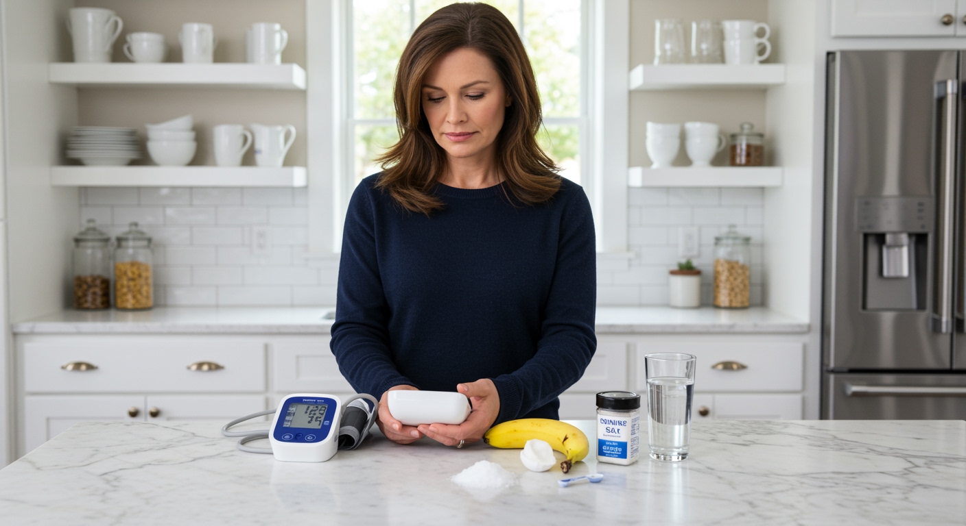 Woman examining blood pressure monitor on marble counter with salt, water glass, and measuring tools in bright kitchen