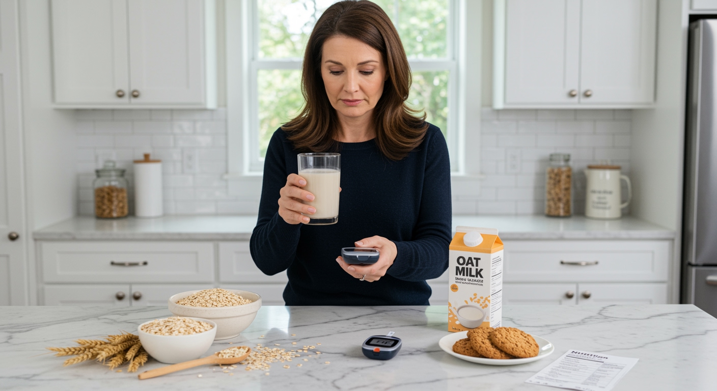 Middle-aged woman holding oat milk glass and blood glucose meter on marble countertop with oats and nutrition chart visible