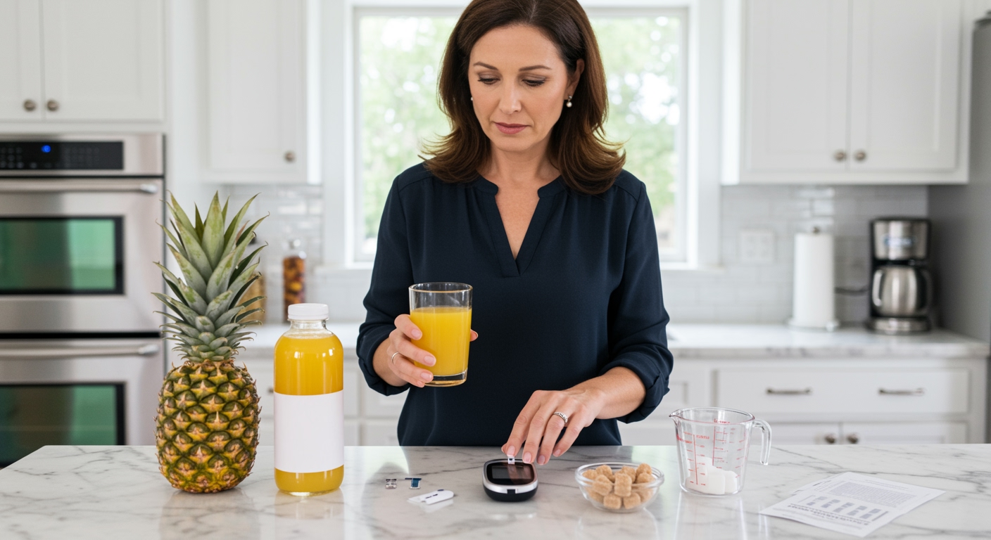 Woman holding pineapple juice glass while checking glucose meter on kitchen counter with fresh pineapple and diabetes supplies