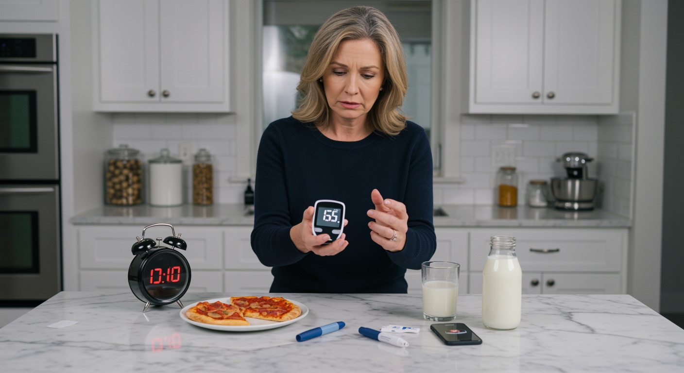 Middle-aged woman examining glucose meter at kitchen counter with late-night food and diabetes monitoring equipment visible