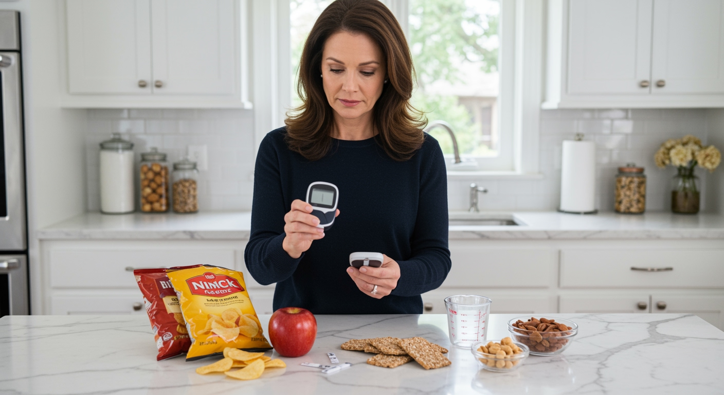 Woman holding glucose meter behind kitchen counter with chips, apple, crackers, and nuts displayed on white marble surface
