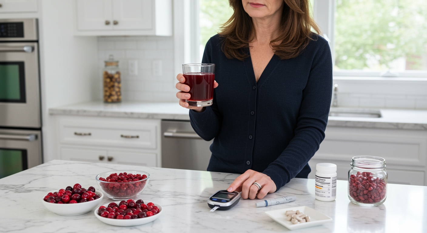 Middle-aged woman holding cranberry juice glass while checking blood glucose meter on marble countertop with fresh cranberries