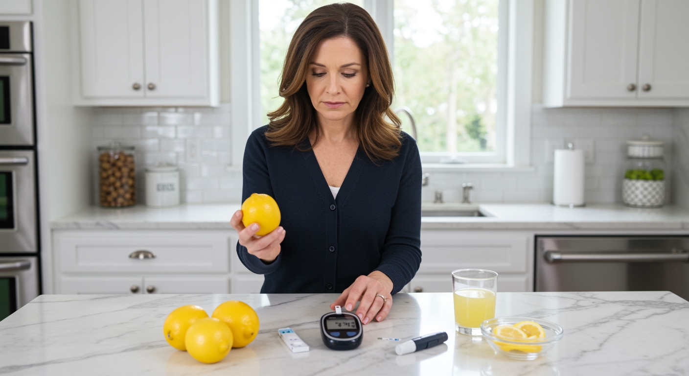 Middle-aged woman holding lemon while checking glucose meter on marble countertop with diabetes testing supplies and citrus fruits