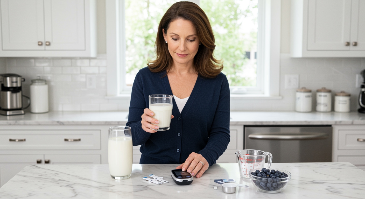 Middle-aged woman holding milk glass and checking blood glucose meter on white marble kitchen counter with diabetes supplies