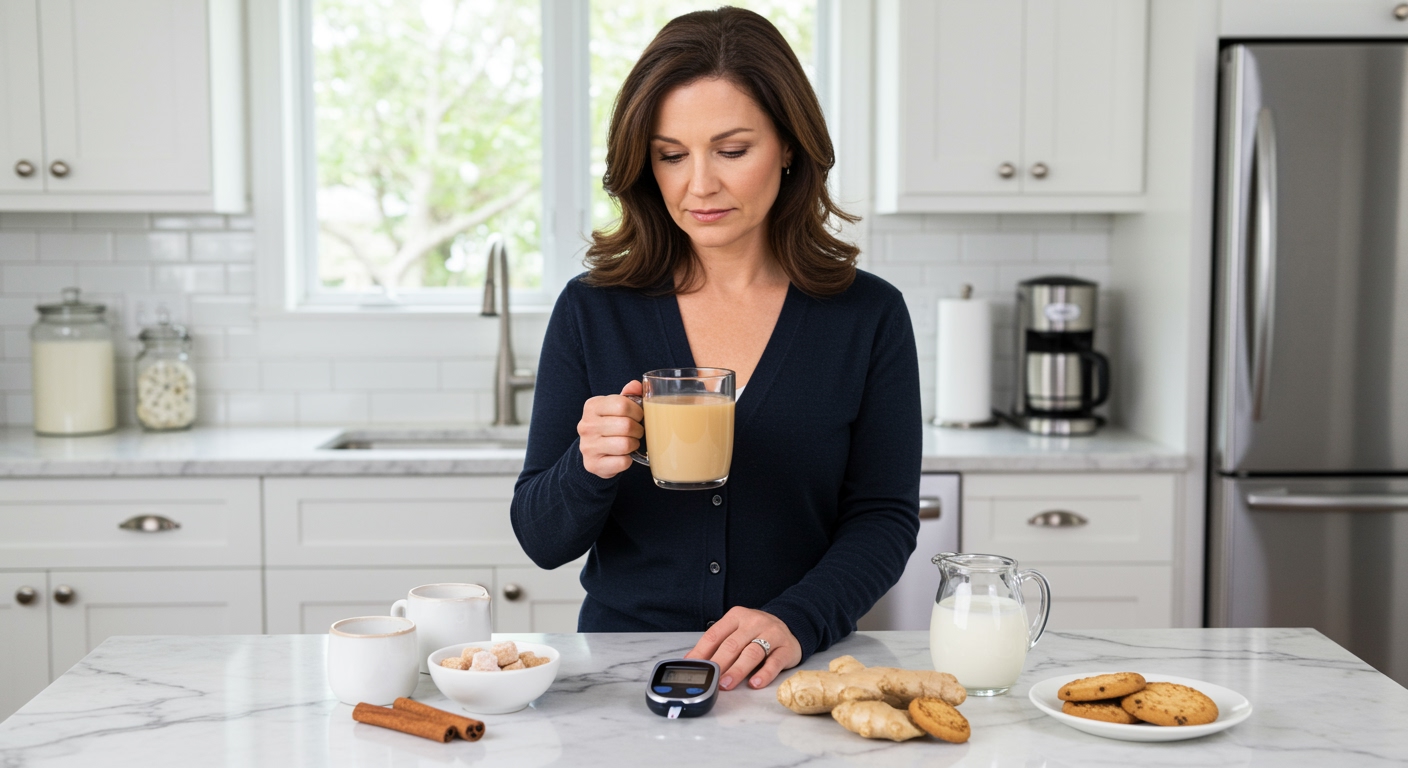 Middle-aged woman holding milk tea mug while looking at blood glucose meter on kitchen counter with tea ingredients