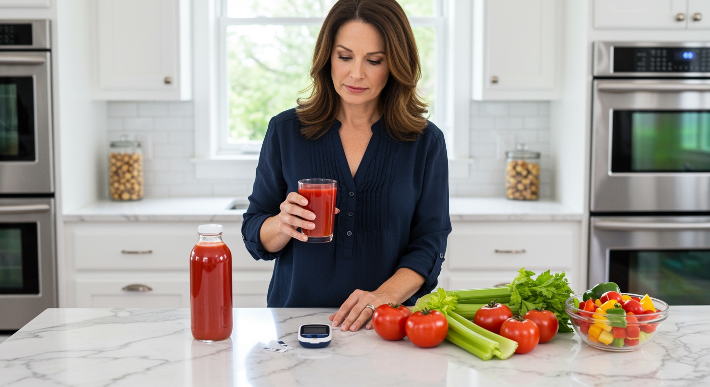 Woman holding red vegetable juice glass while checking blood glucose meter on white marble counter with fresh vegetables