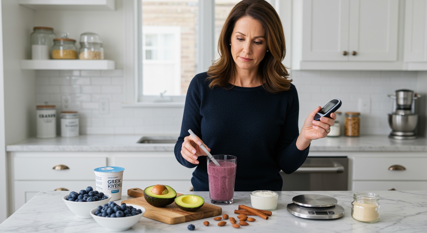 Middle-aged woman holding blood glucose meter examining colorful smoothie with healthy ingredients on marble countertop