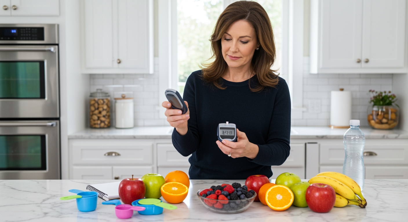 Woman holding glucose meter while standing behind marble counter with various fruits and measuring tools in modern kitchen