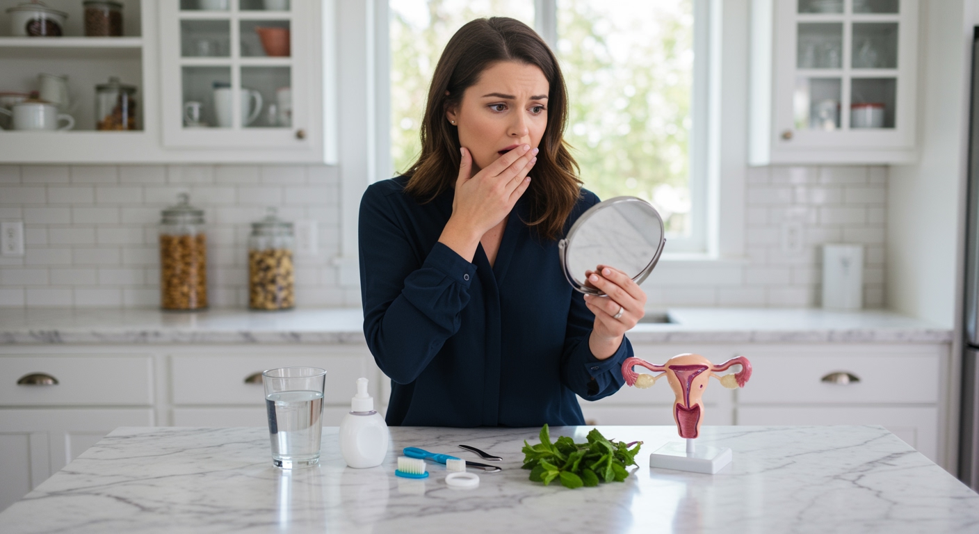 Young woman covering mouth with hand while holding mirror, examining oral health with dental hygiene items on marble counter