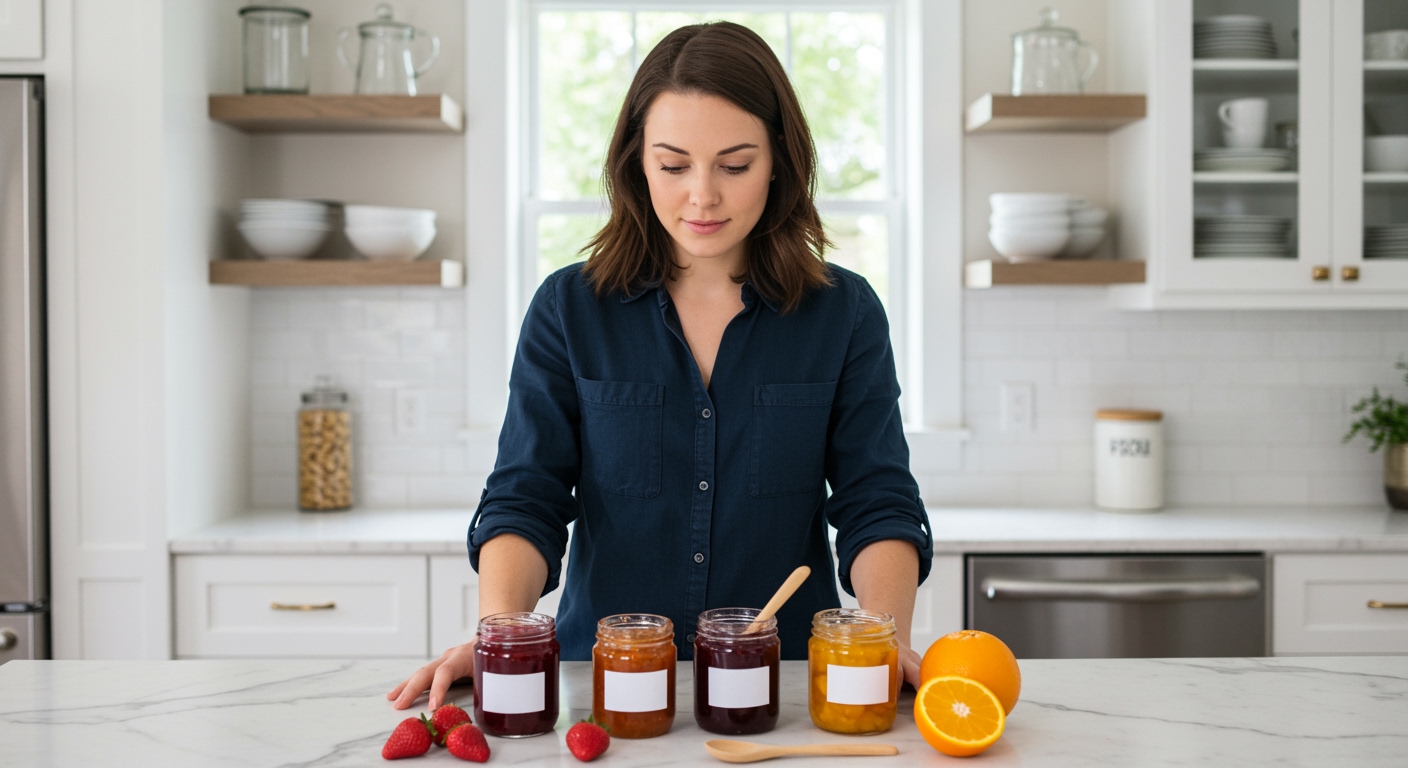 Woman standing behind marble counter examining glass jam jars with fresh fruit and wooden spoon in bright modern kitchen