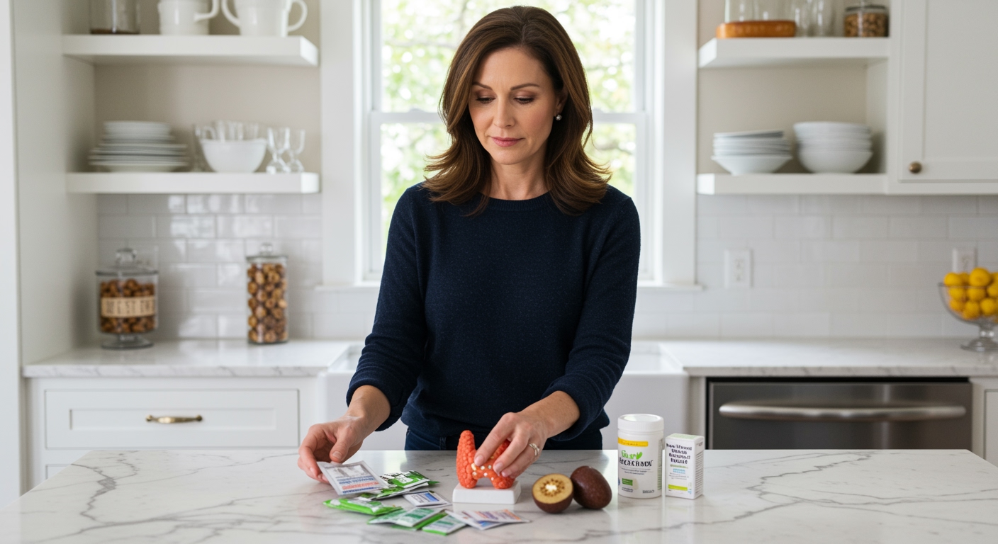 Woman examining artificial sweetener packets and thyroid model on white marble countertop in bright modern kitchen