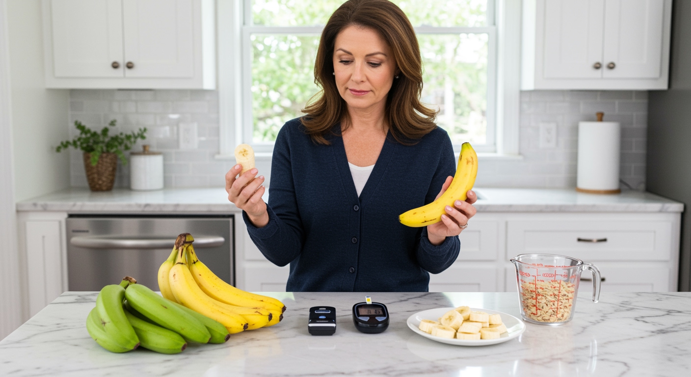 Woman holding banana examining different ripeness stages with blood glucose meter on white marble kitchen counter