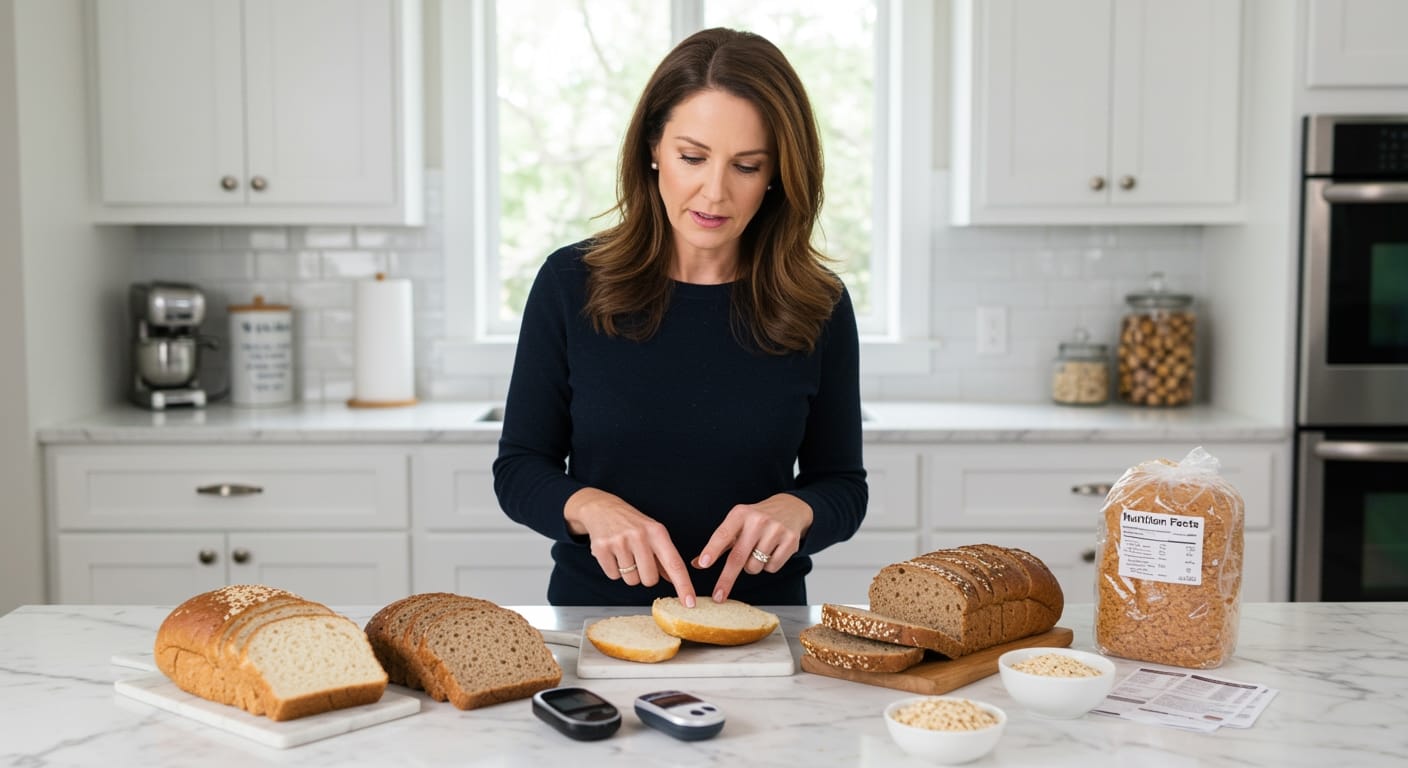 Middle-aged woman examining bread slices on marble countertop with glucose meter and various bread types in modern kitchen
