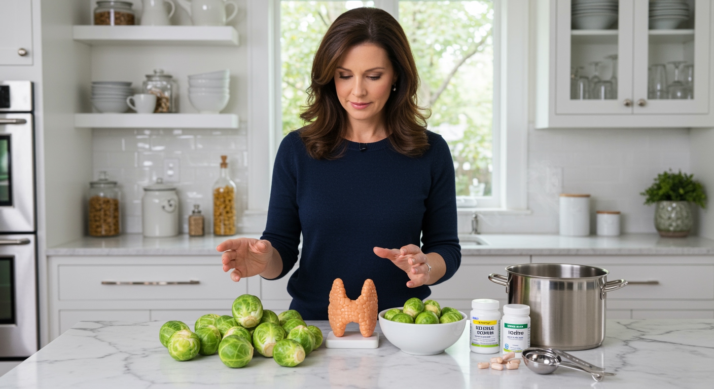 Woman standing behind marble counter with Brussels sprouts, thyroid model, and supplements in bright modern kitchen