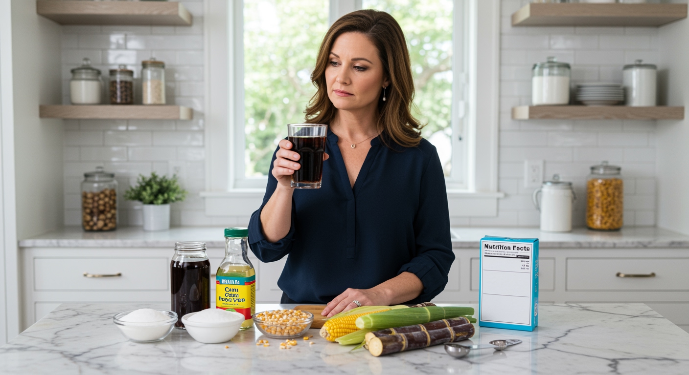 Woman holding cola glass while examining cane sugar and corn syrup ingredients on white marble countertop in bright kitchen