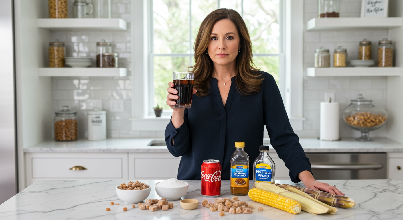 Woman holding cola glass behind marble counter with sugar bowls, corn syrup bottle, and sugarcane in modern kitchen