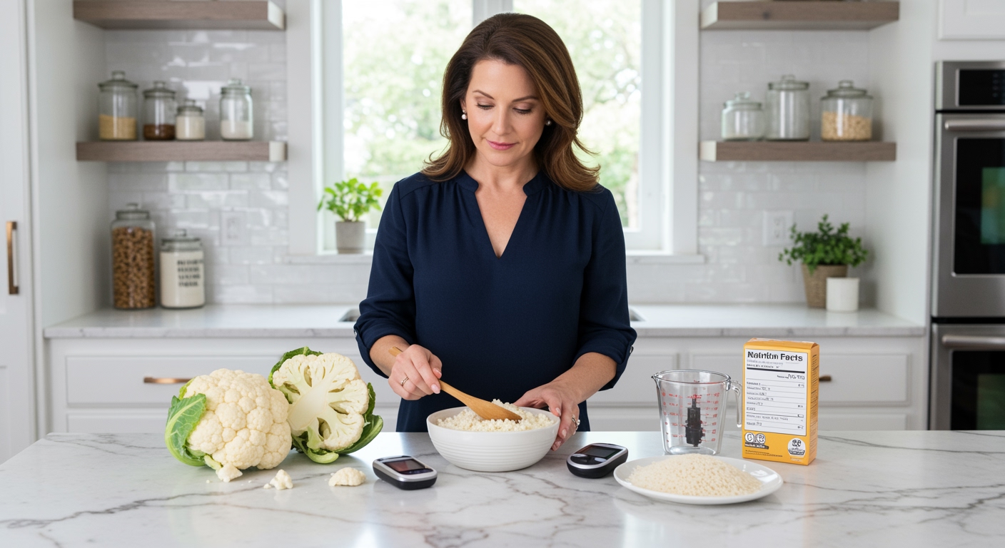 Woman holding wooden spoon over bowl of cauliflower rice with glucose meter and whole cauliflower on marble countertop