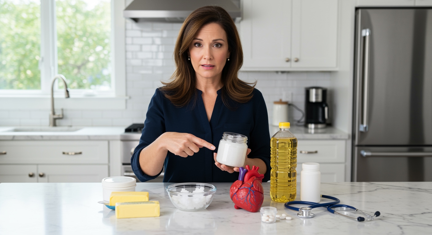 Woman holding coconut oil jar while pointing at it with concerned expression, standing behind marble counter with butter and heart
