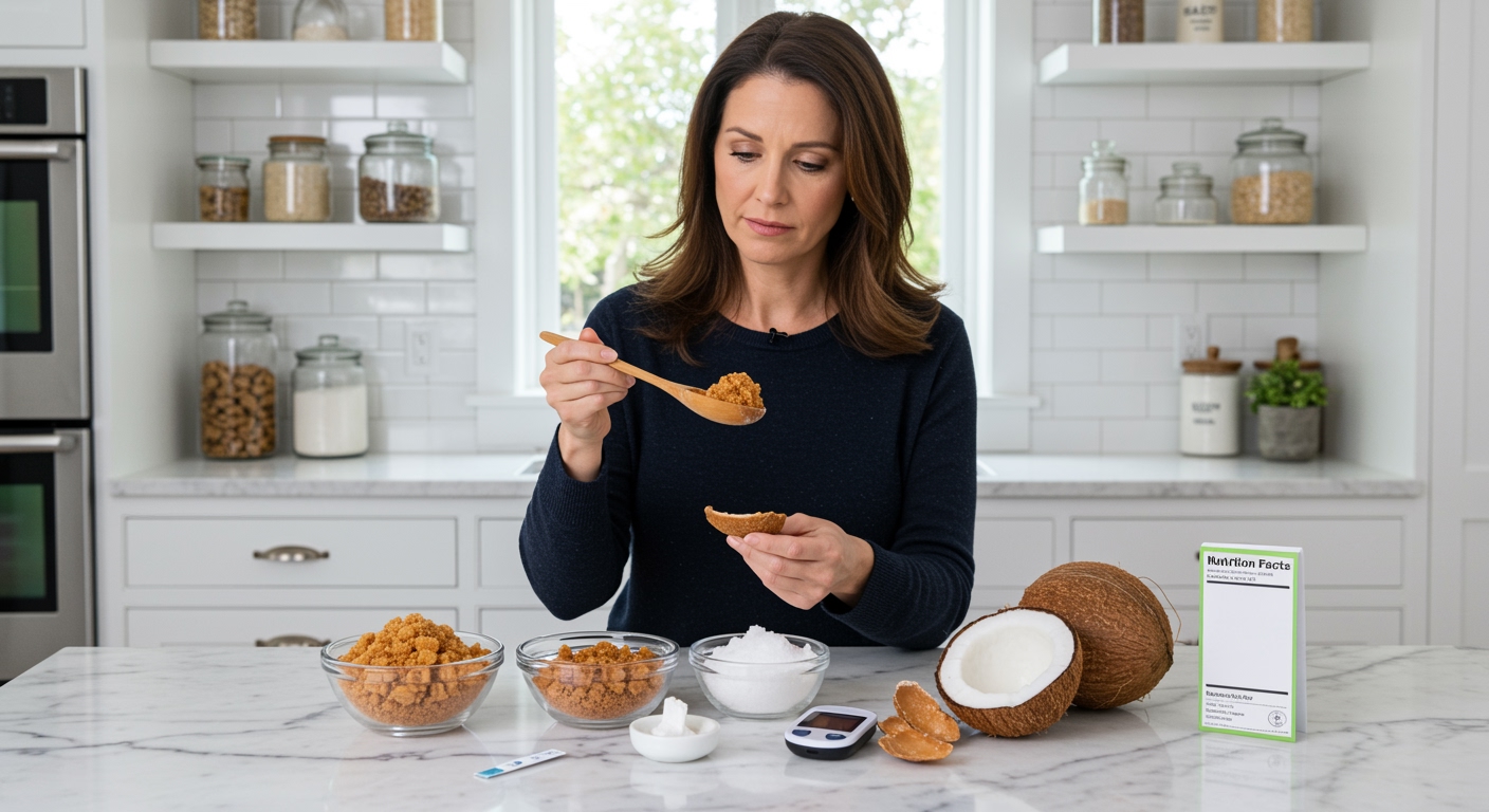 Woman examining coconut sugar on spoon with diabetes testing supplies and sugar comparison bowls on marble counter