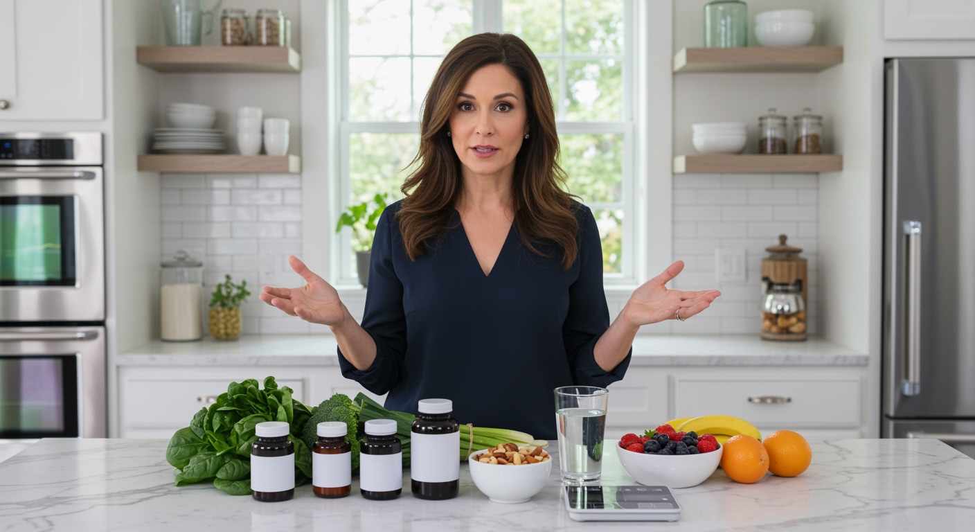 Woman standing behind marble counter comparing supplement bottles with fresh vegetables and healthy foods in bright kitchen