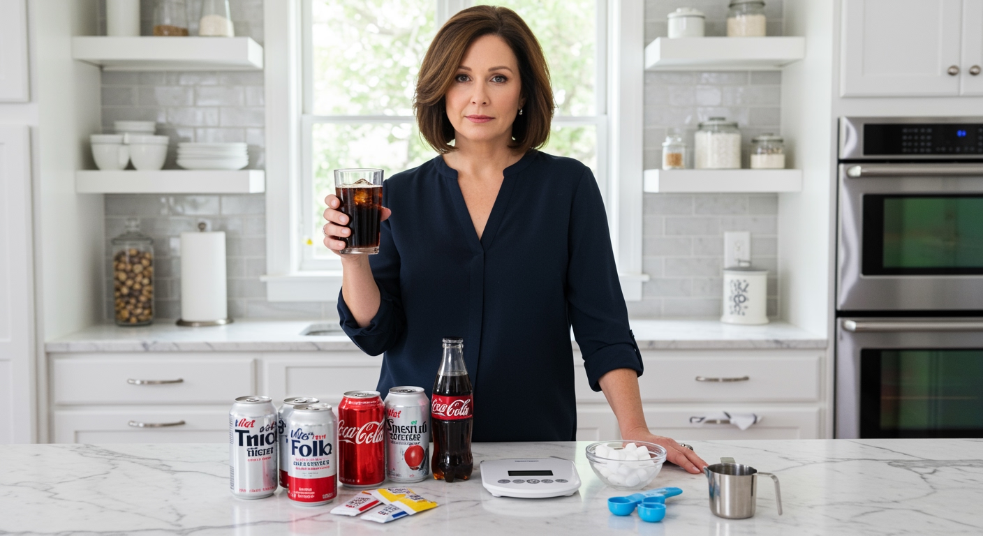 Woman holding glass of cola standing behind marble counter with diet soda cans and sugar cubes in modern kitchen