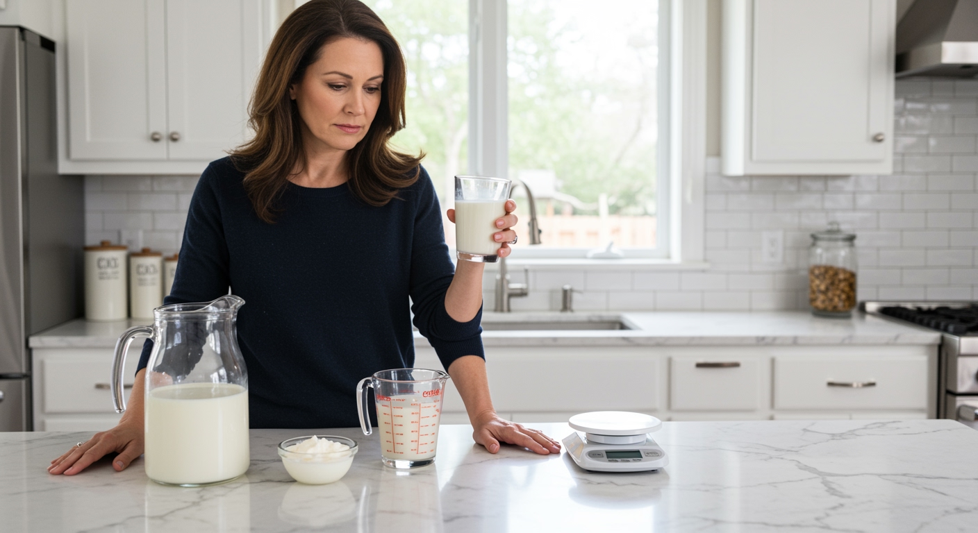 Woman holding glass of milk behind marble counter with pitcher, measuring cup, bowl, and kitchen scale in modern kitchen