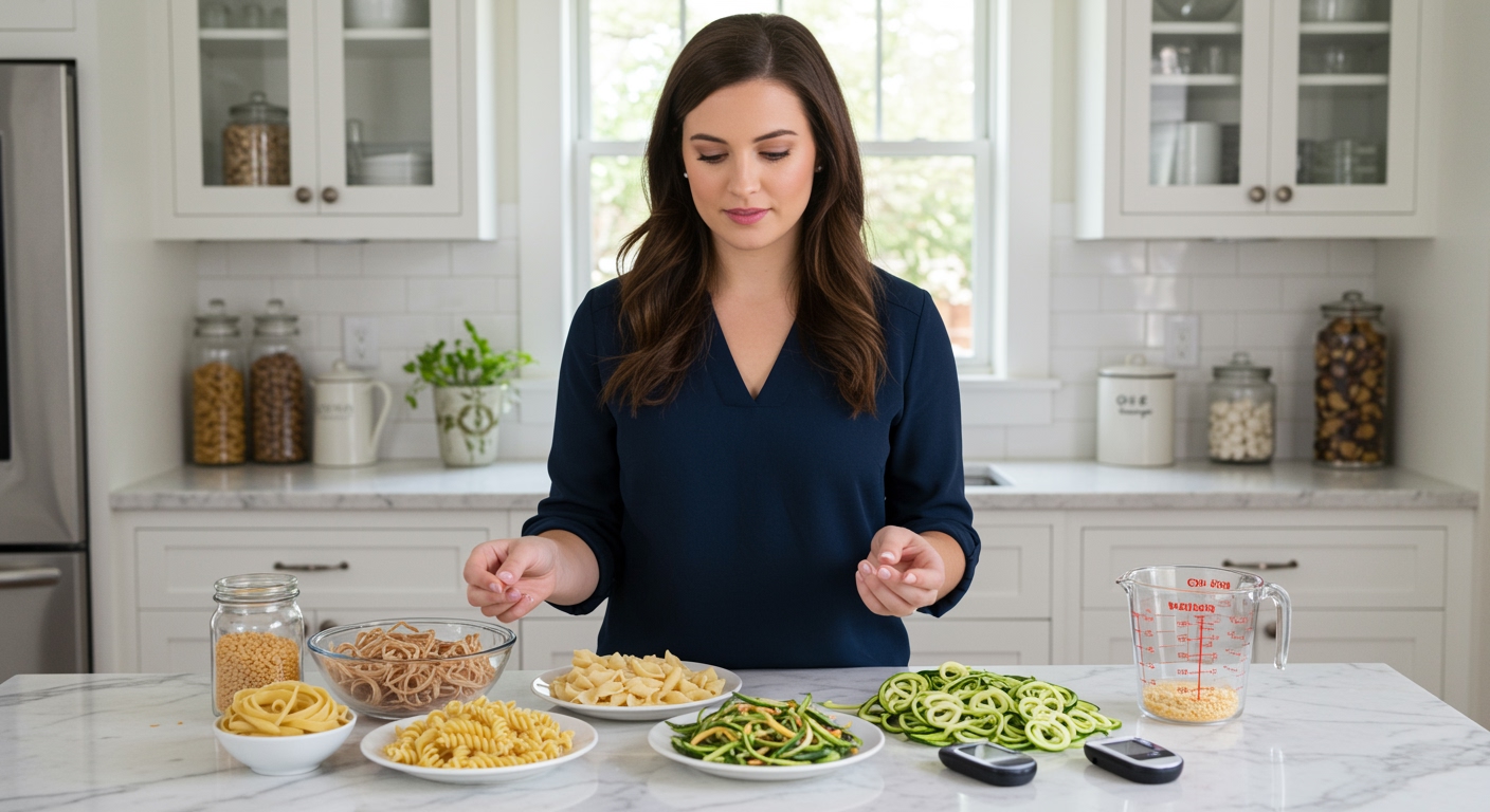 Woman examining various pasta types on marble countertop with whole wheat, refined, and alternative pasta options in bright kitchen