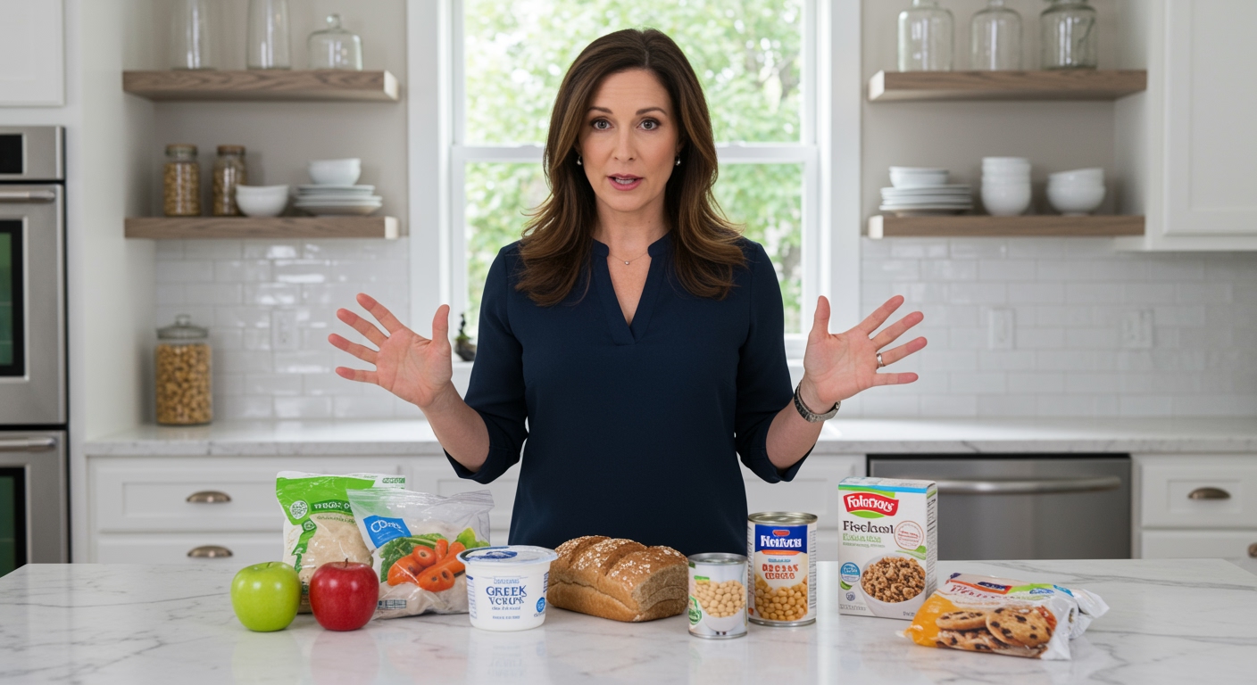 Woman standing behind marble counter with various processed foods arranged including fresh apple, frozen vegetables, yogurt