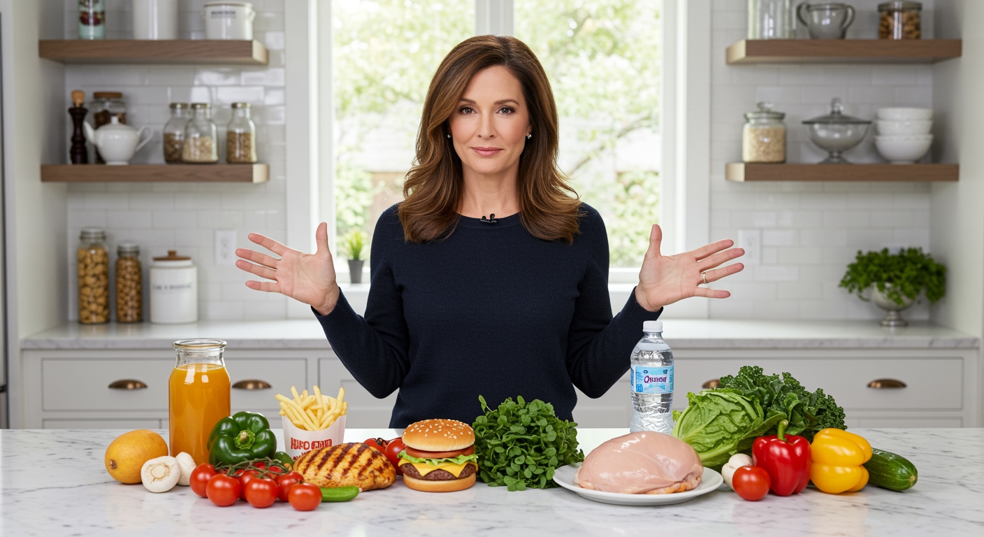 Woman standing behind marble counter comparing fast food items with healthy alternatives and thyroid model in modern kitchen