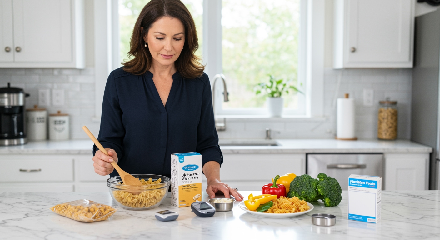 Middle-aged woman examining gluten-free pasta and blood glucose meter on marble countertop in modern kitchen setting
