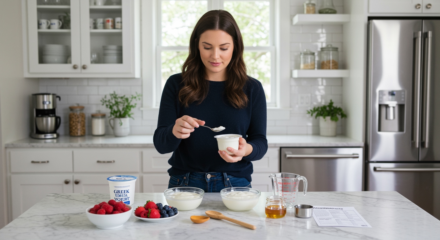 Woman holding two yogurt containers on marble counter with berries and measuring tools in bright modern kitchen setting.