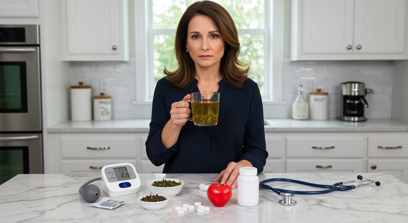 Woman holding green tea mug and pill bottle with blood pressure monitor and medication on marble countertop in kitchen