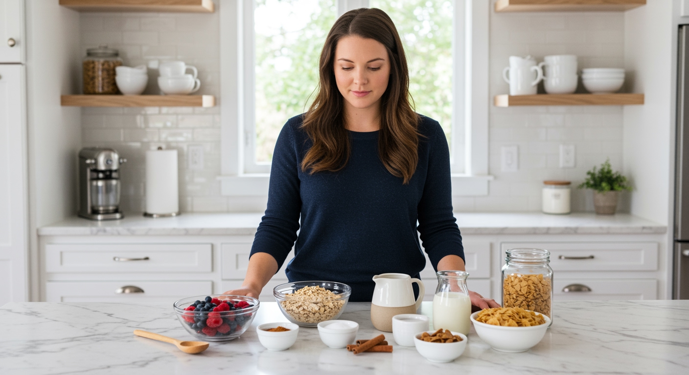 Woman standing behind marble counter examining various breakfast cereals and healthy alternatives in bright modern kitchen