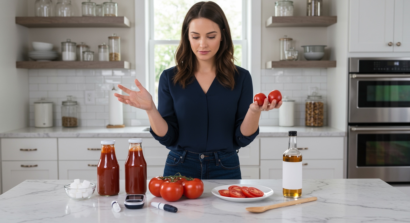 Woman holding ketchup bottle and fresh tomatoes on marble counter with health monitoring items in bright modern kitchen
