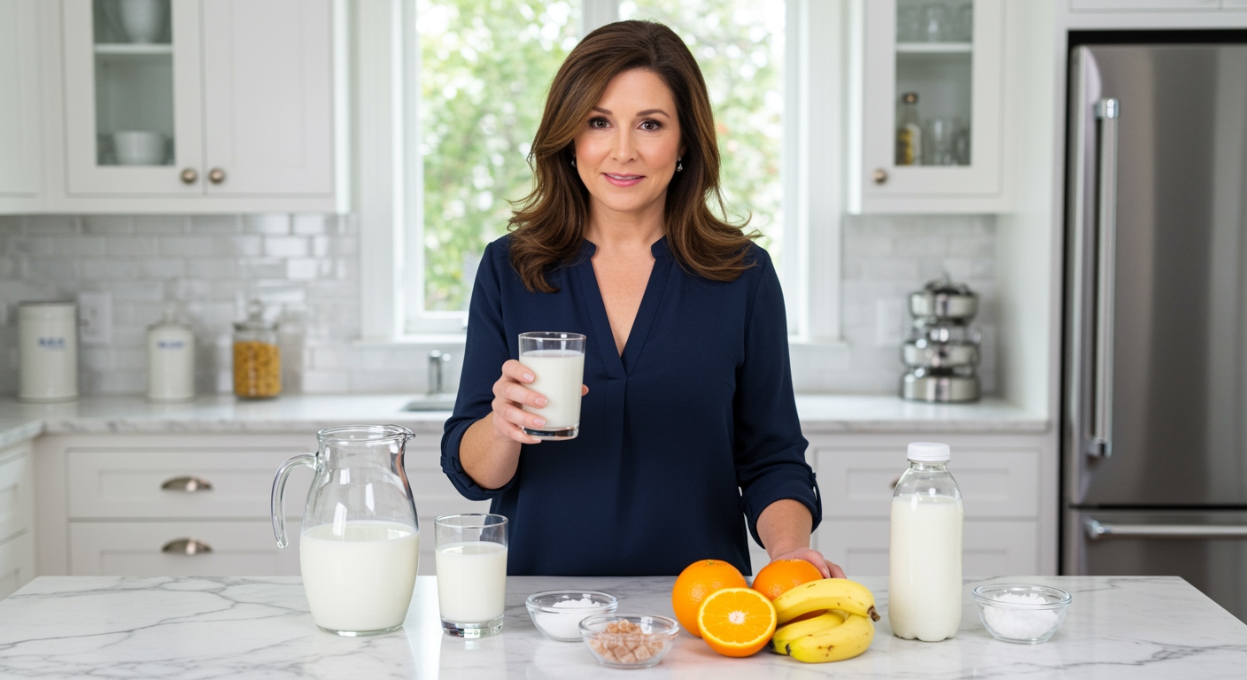 Woman holding glass of milk standing behind marble counter with water glass and hydration items in modern kitchen