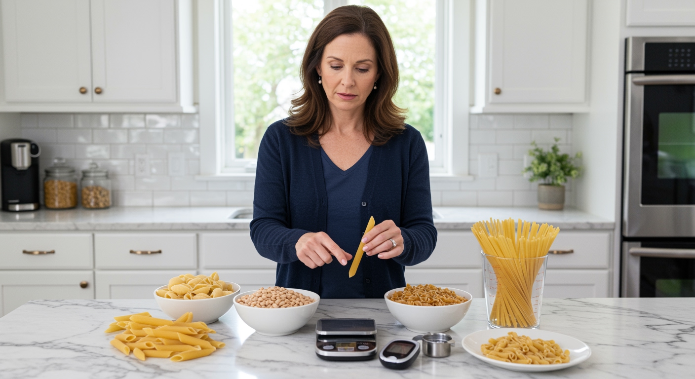 Woman examining different pasta types on marble counter with blood glucose meter and measuring tools in modern kitchen