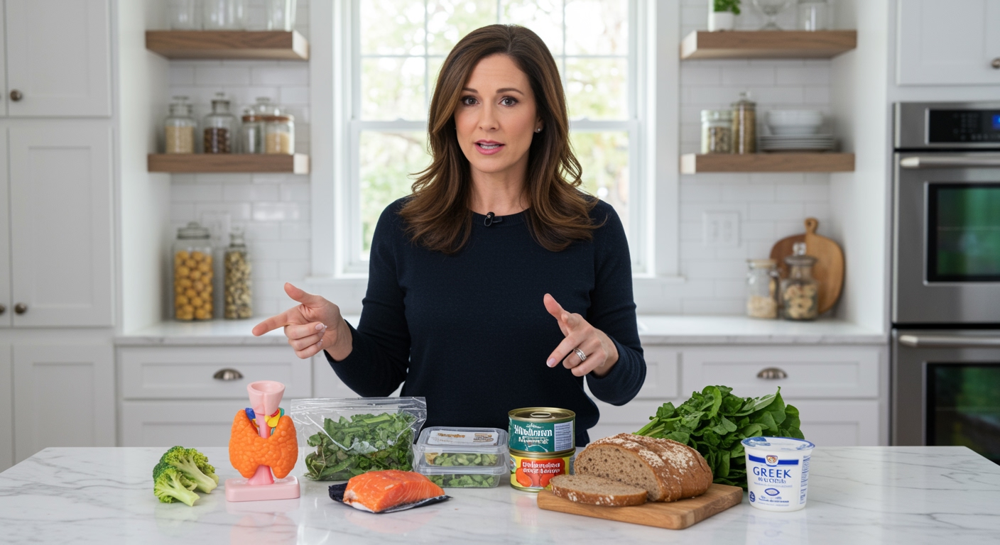 Woman pointing at various processed and whole foods arranged on marble counter with thyroid model in modern kitchen setting